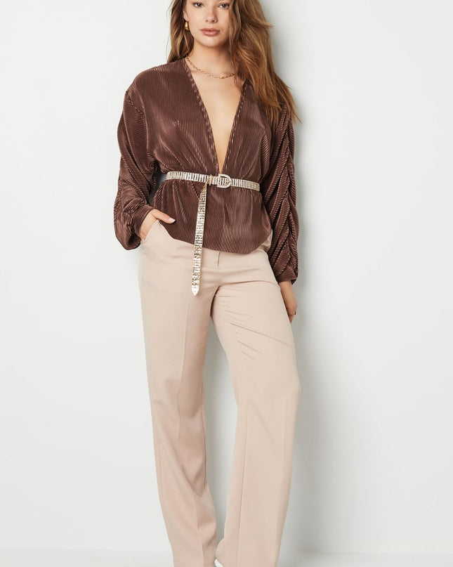 Blouse with rib structure and pleated sleeves Brown S