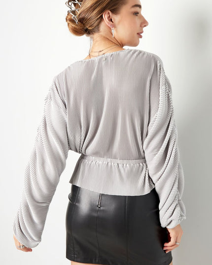 Blouse with rib structure and pleated sleeves Brown S