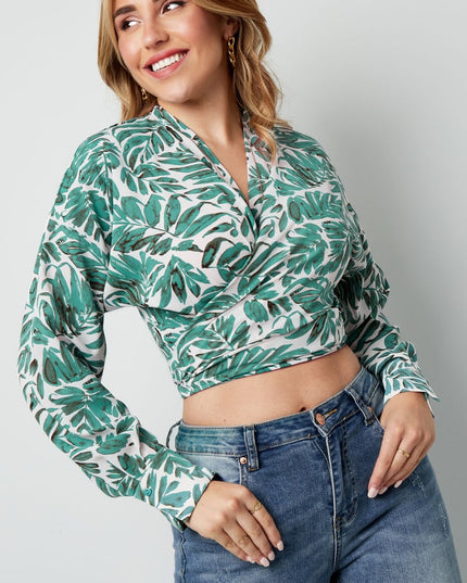 Wrap blouse leaf print green