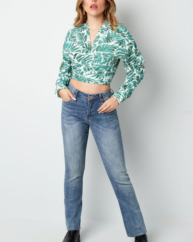 Wrap blouse leaf print green