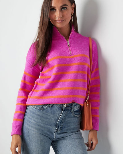 Gebreide trui strepen met rits - beige zwart - SM