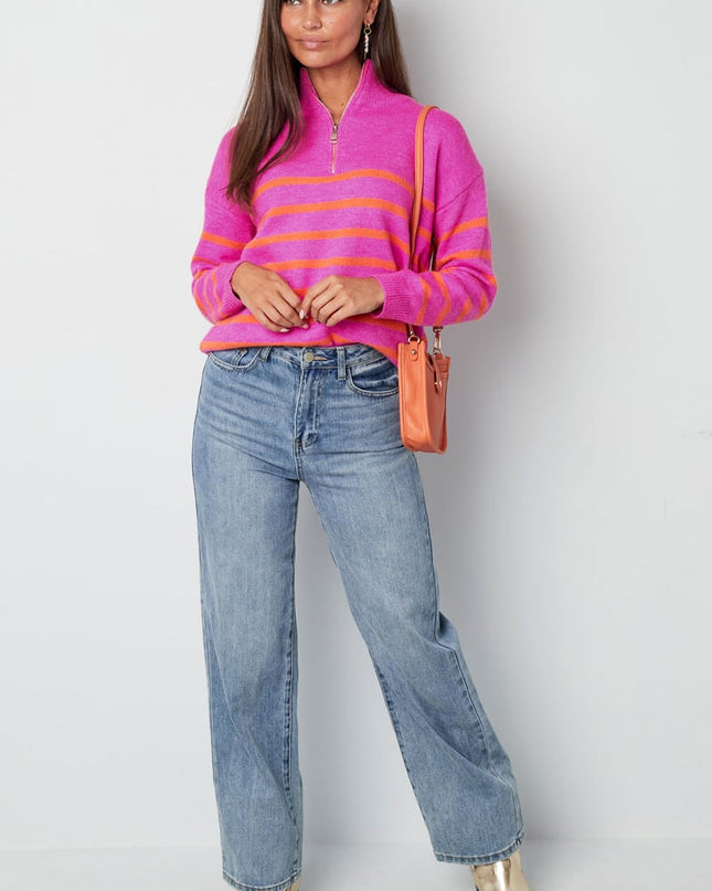 Gebreide trui strepen met rits - beige zwart - SM