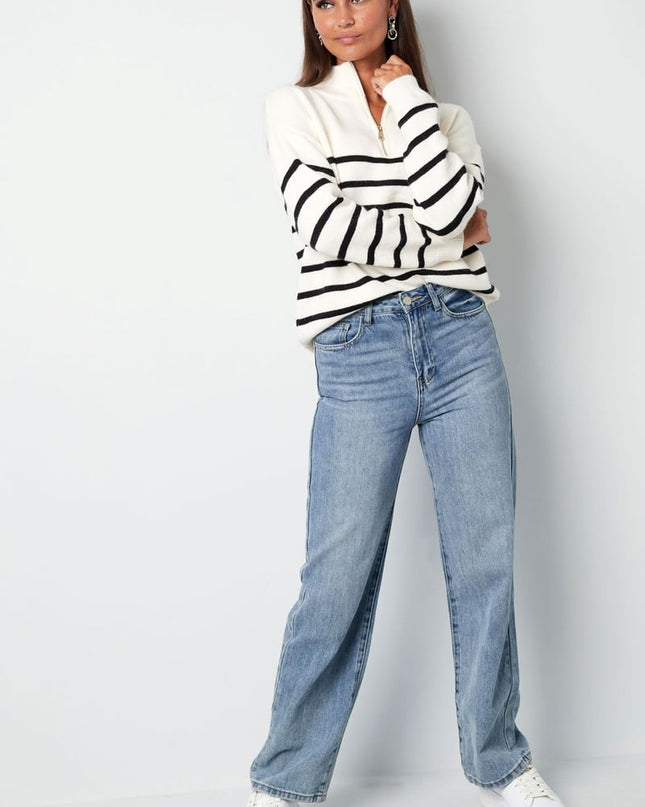 Gebreide trui strepen met rits - beige zwart - SM