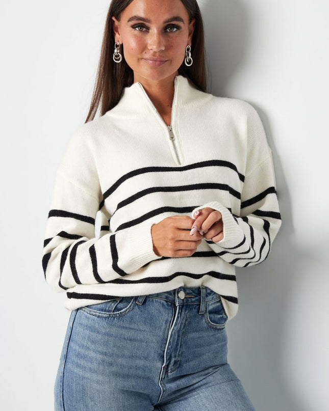 Gebreide trui strepen met rits - beige zwart - SM