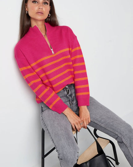 Gebreide trui strepen met rits - beige zwart - SM