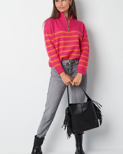 Gebreide trui strepen met rits - beige zwart - SM