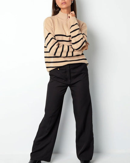 Gebreide trui strepen met rits - beige zwart - SM