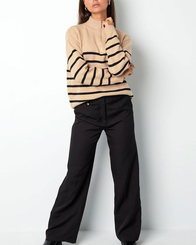Gebreide trui strepen met rits - beige zwart - SM