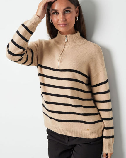 Gebreide trui strepen met rits - beige zwart - SM