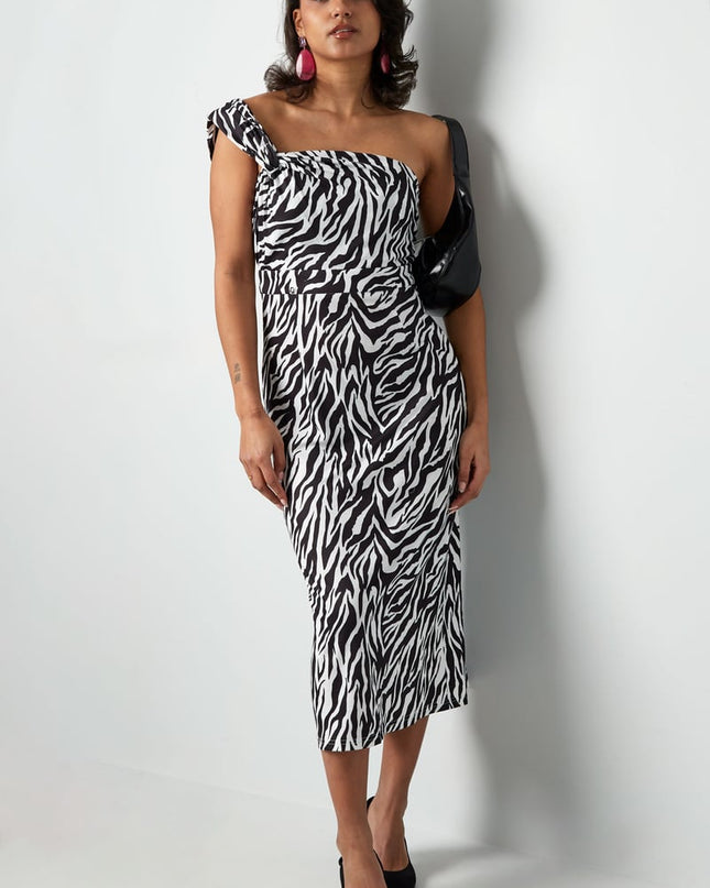 One shoulder zebra dress - black