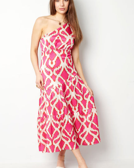 One-shoulder dress tropical bliss - fuchsia