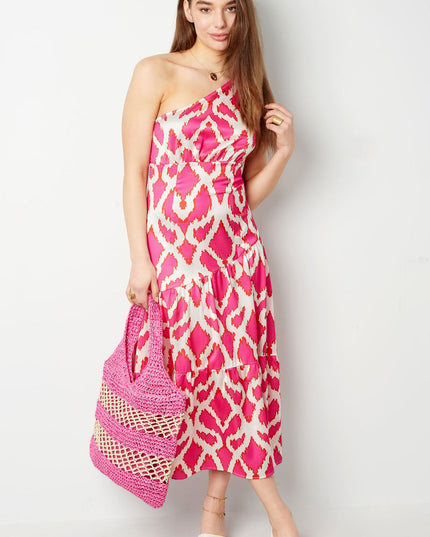One-shoulder dress tropical bliss - fuchsia