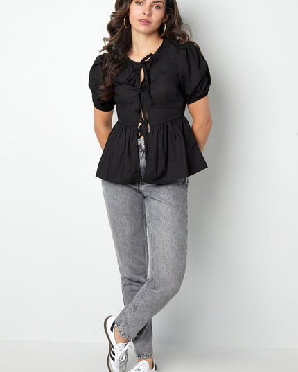 Must-have peplum blouse with bows - black