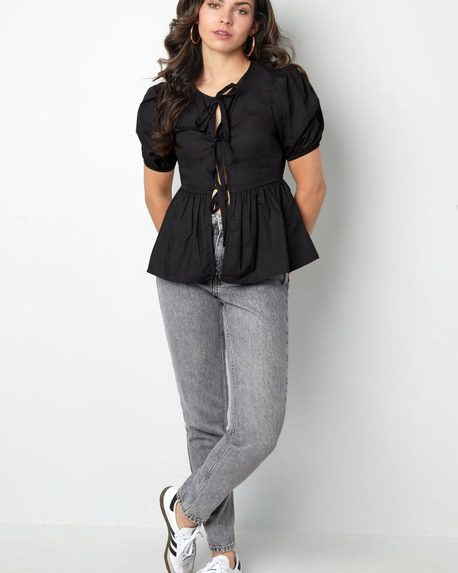 Must-have peplum blouse with bows - black