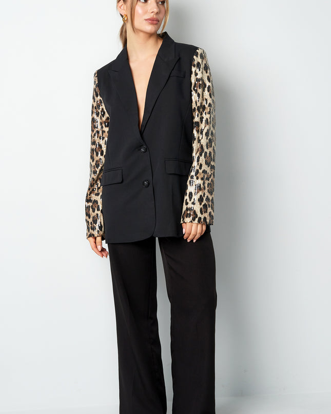 Blazer with leopard print glitter sleeve - gray
