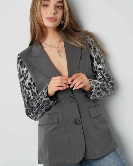 Blazer with leopard print glitter sleeve - gray