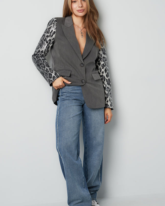 Blazer with leopard print glitter sleeve - gray