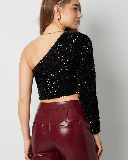 Glitter one shoulder top - Black