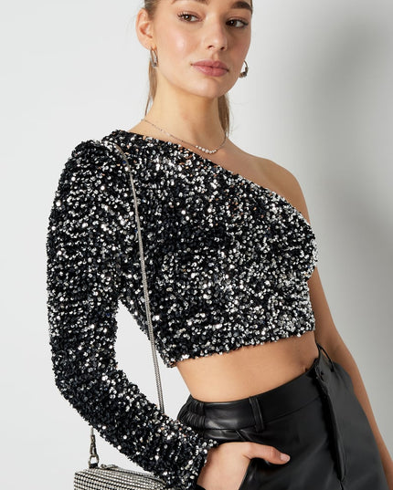 Glitter one shoulder top - Black