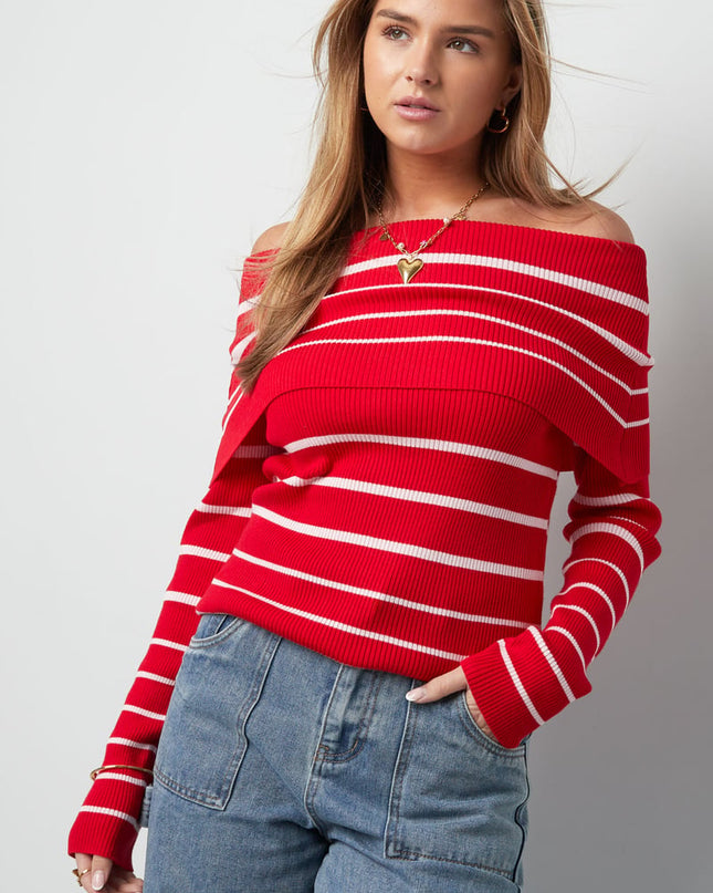 Gestreepte off shoulder top - Zwart & rood