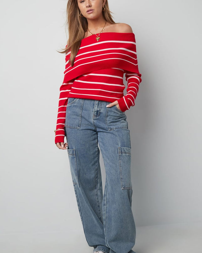 Gestreepte off shoulder top - Zwart & rood