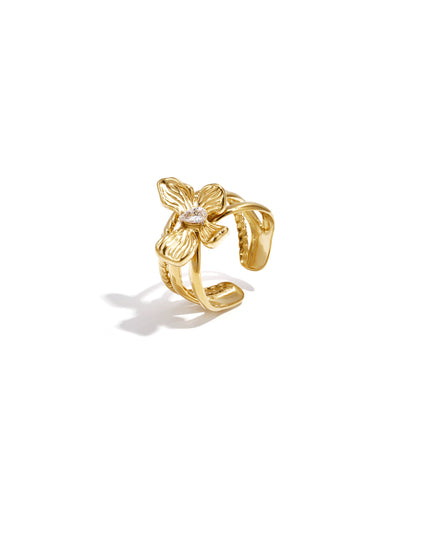 Gelaagde statement ring met bloem en steen