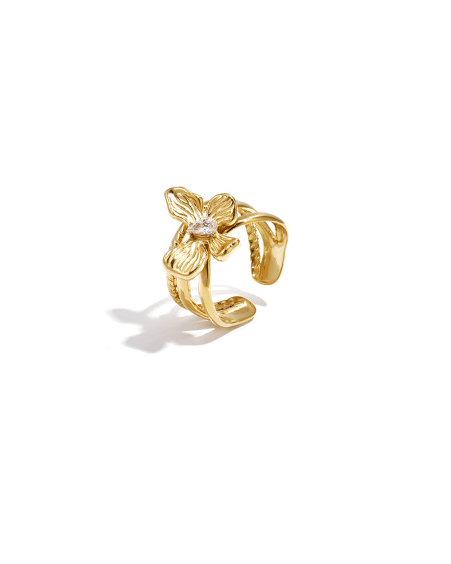 Gelaagde statement ring met bloem en steen