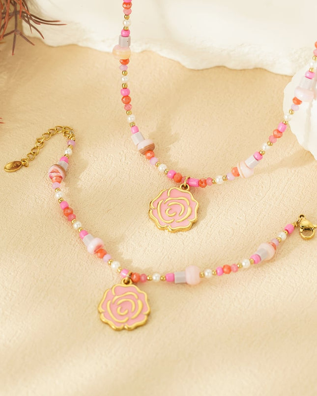 beaded rose ketting - roze &