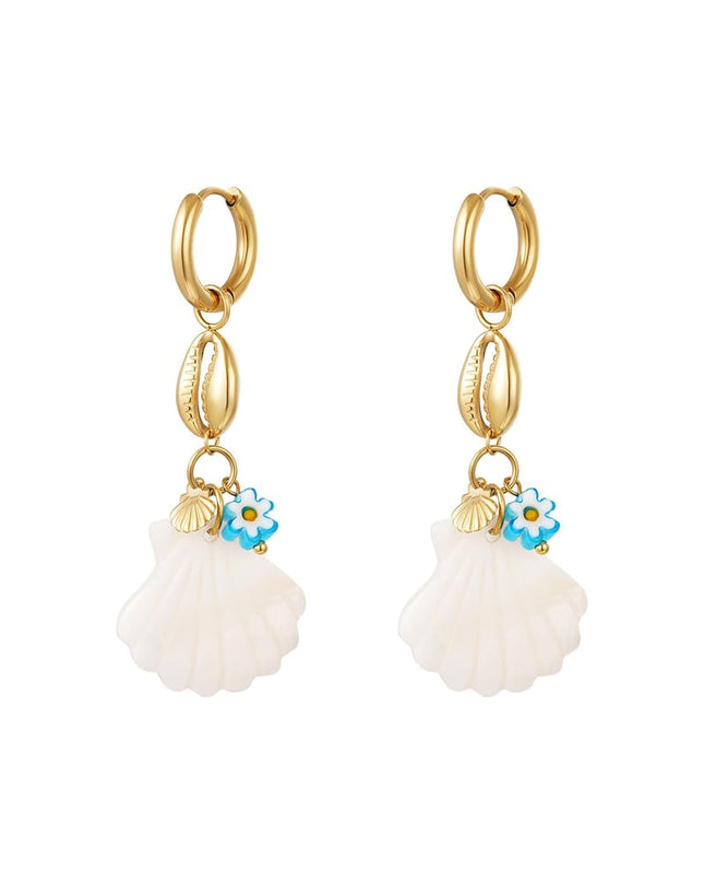 Blauwe margriet oorbellen met schelpen - Strandcollectie Goud kleur Stainless Steel
