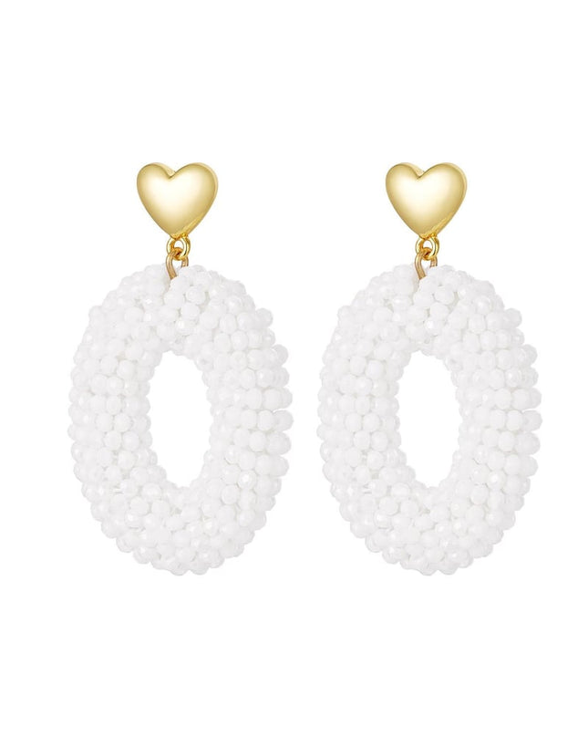 Oorbellen ovaal met kralen en hart detail Zwart Koper