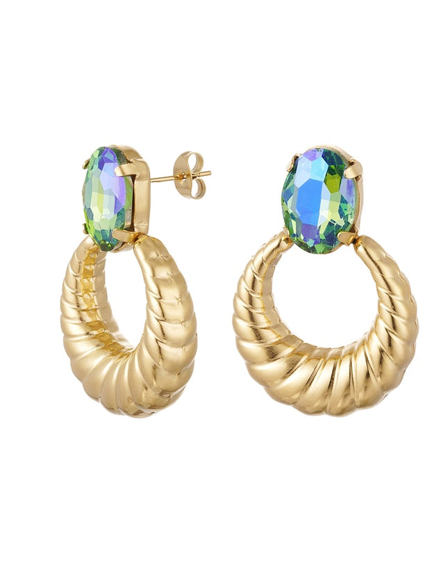 Oorbellen twist met steen - groen & Goud kleur Stainless Steel