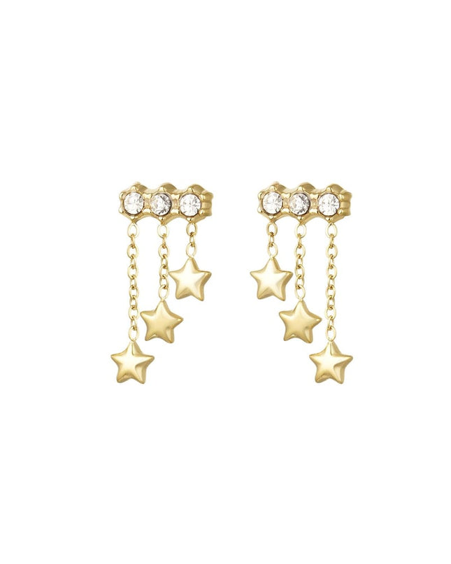 Oorbellen met ketting en sterretjes Goud kleur Stainless Steel