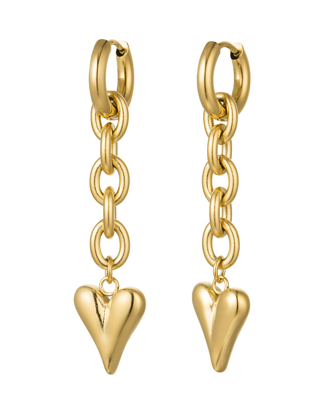 Oorbellen schakel & hart - Goud kleur Stainless Steel