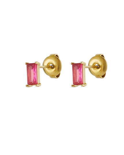 Oorstekers rechthoekige steen - Goud kleur/fuchsia