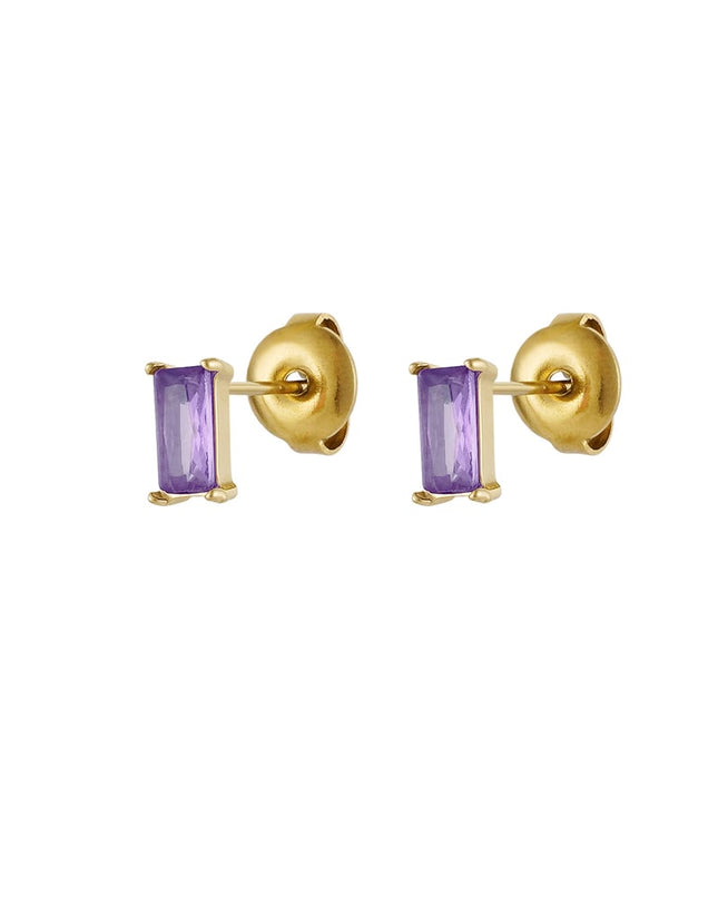 Oorstekers rechthoekige steen - Goud kleur/fuchsia