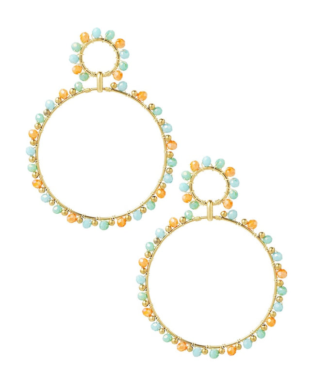 Oorbellen dubbele kralen rondjes - Goud kleur/geel/rood