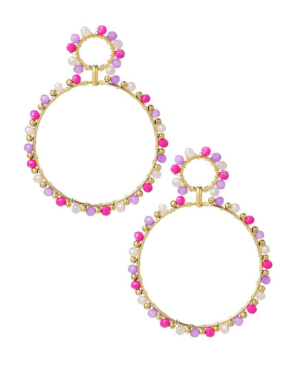 Oorbellen dubbele kralen rondjes - Goud kleur/geel/rood