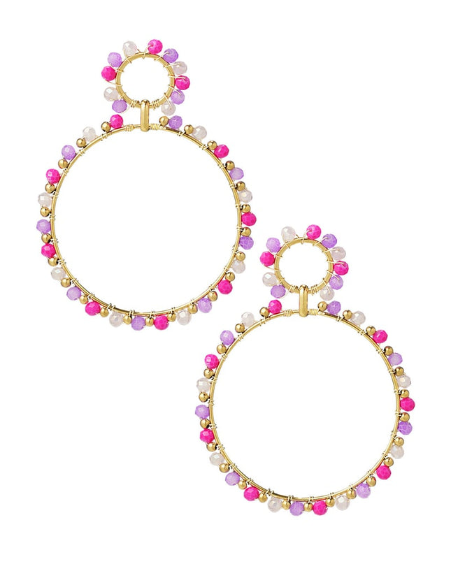 Oorbellen dubbele kralen rondjes - Goud kleur/geel/rood