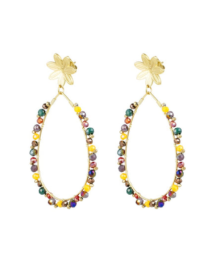 Oorbellen druppel met kraaltjes en bloem - Goud kleur/roze