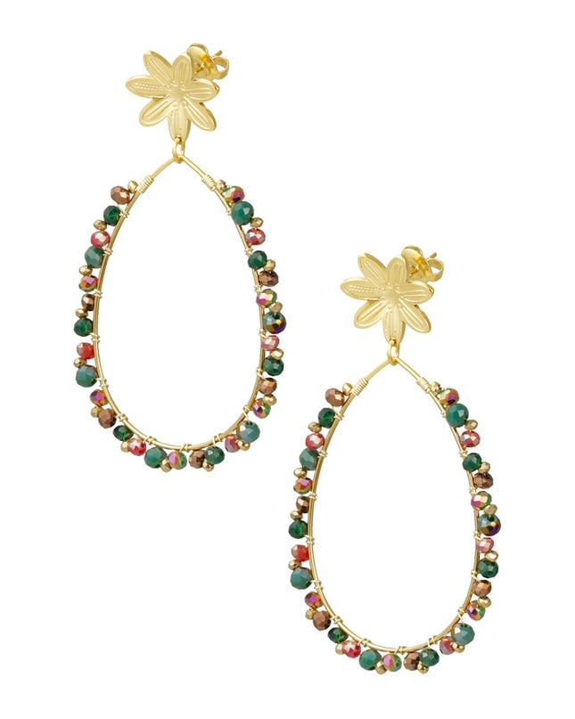 Oorbellen druppel met kraaltjes en bloem - Goud kleur/roze