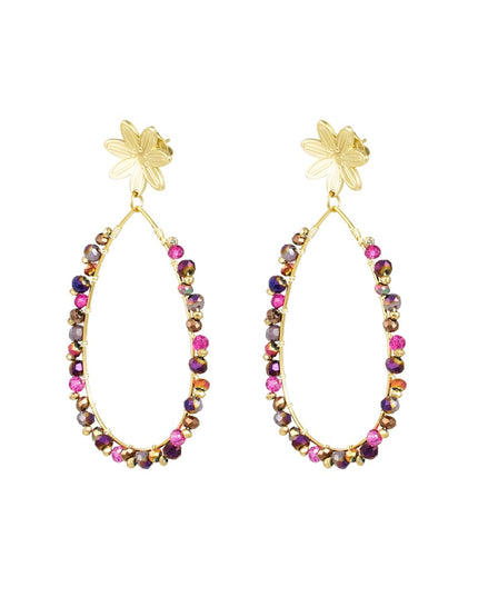 Oorbellen druppel met kraaltjes en bloem - Goud kleur/roze