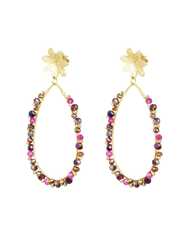Oorbellen druppel met kraaltjes en bloem - Goud kleur/roze