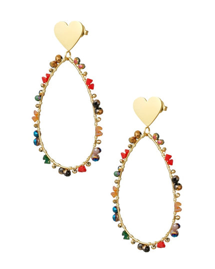 Oorbellen ovaal met kraaltjes en hart - Goud kleur/paars