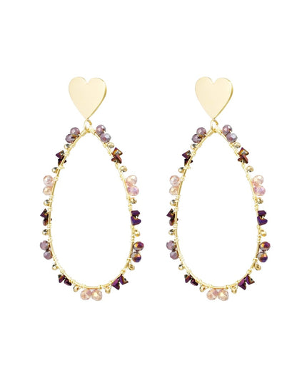 Oorbellen ovaal met kraaltjes en hart - Goud kleur/paars