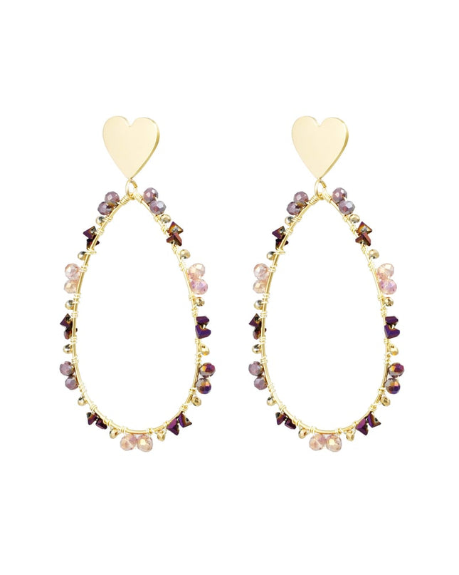 Oorbellen ovaal met kraaltjes en hart - Goud kleur/paars