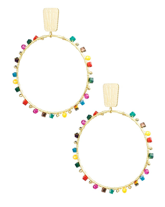 Oorbellen rond met kraaltjes - Goud kleur/blauw