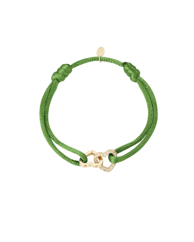 Satijnen armband dubbel hart met steentjes