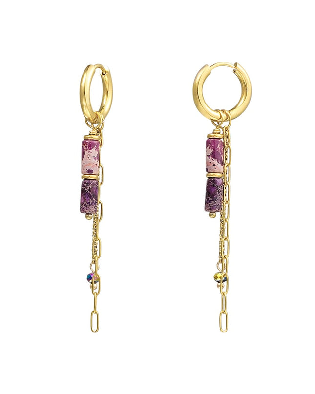 Oorbellen tube kraaltjes met kettinkjes - Goud kleur/fuchsia