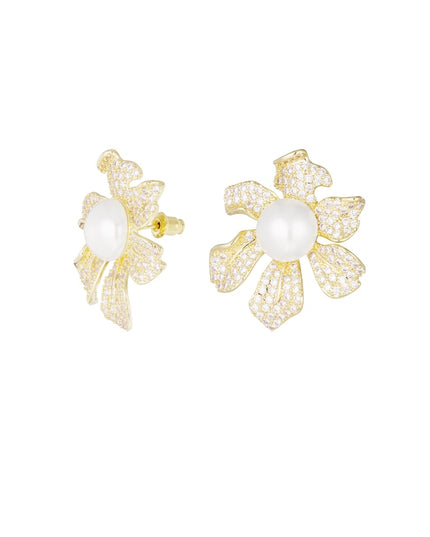 Oorbellen sparkly flower pearl zilver - zirkoon koper