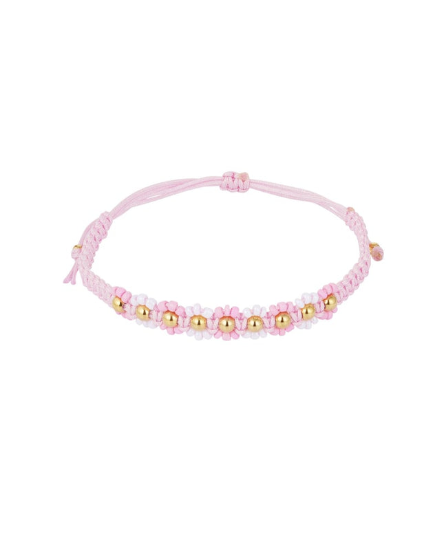 Gevlochten armband met bloemetjes - roze/Goud kleur 